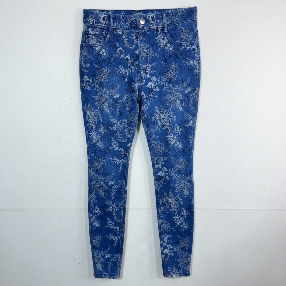 Time And Tru Girls Floral Denim Jeggings Pull On Faux Button Kids 8 10